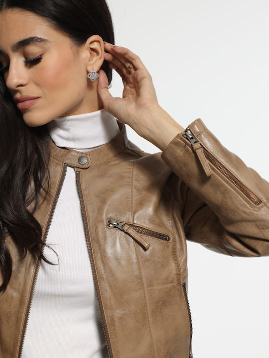 Crop Δερμάτινο Γυναικείο Μπουφάν για Χειμώνα Penaut Beige