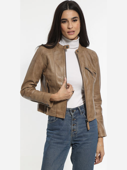 Crop Δερμάτινο Γυναικείο Μπουφάν για Χειμώνα Penaut Beige