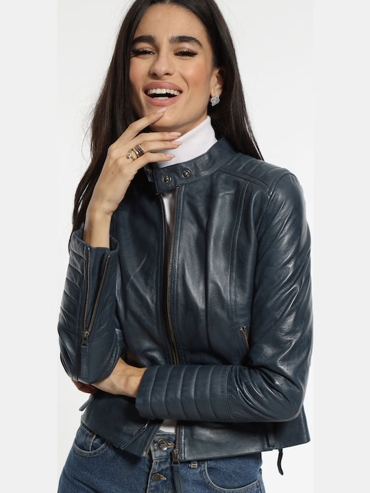 Women's Crop Lifestyle Leather Jacket for Winter Dark Blue