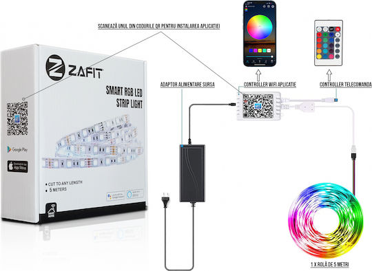 Zafit Rezistent la apă Inteligent Bandă LED Wi-Fi RGB Lumină 5m cu Telecomandă