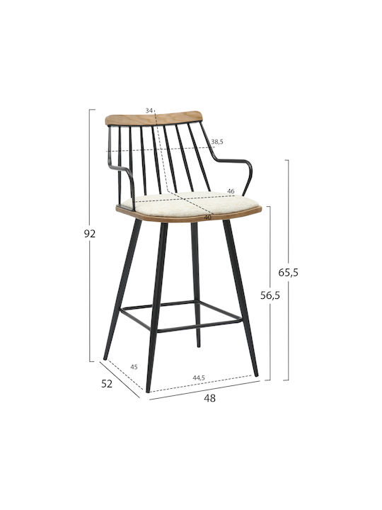 Stool Bar with Backrest Upholstered with Fabric Judi Black, Ecru 48x52x92cm