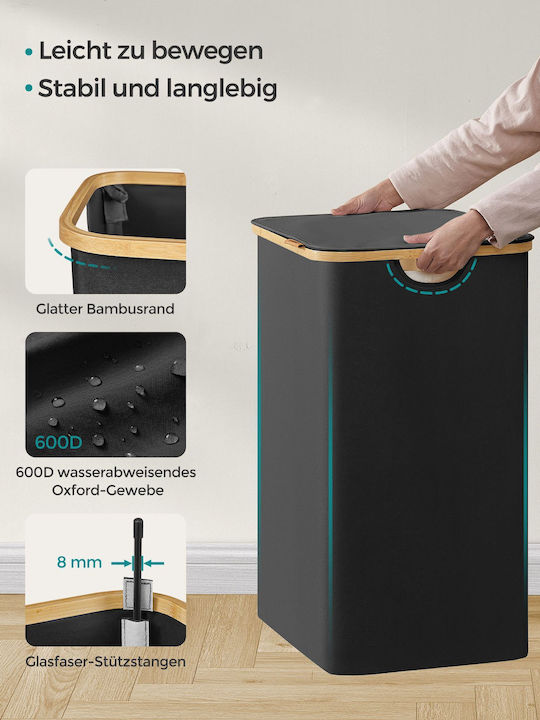Songmics Καλάθι Απλύτων Υφασμάτινο 130lt με Καπάκι 52x38.5x70.5cm Μαύρο