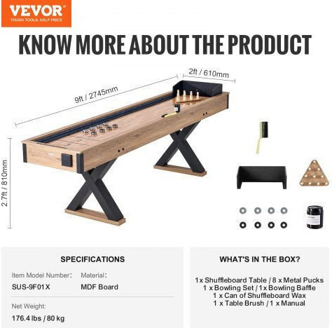 Vevor 9 фута маса за шафълборд 2 в 1 комплект за шафълборд и боулинг Zzkshz9ycbddyjzxsv0