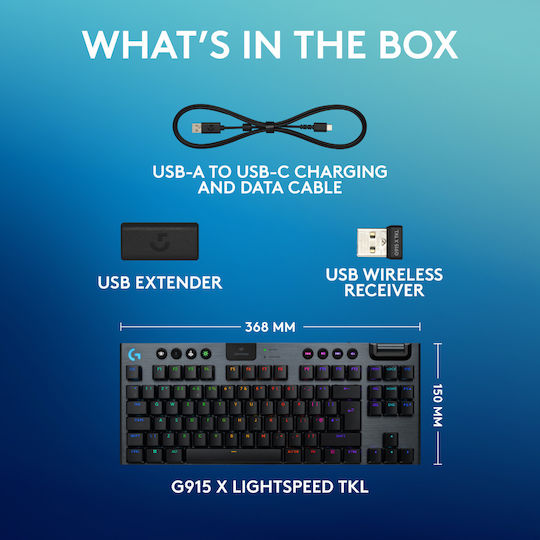 Logitech G915 X Lightspeed Wireless Gaming Mechanical Keyboard Tenkeyless with GL Linear switches and RGB lighting (English US)
