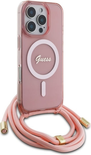 Guess Crossbody Cord Script Magsafe Umschlag Rückseite Kunststoff mit Band Rosa (iPhone 17 Pro / iPhone 16 Pro)