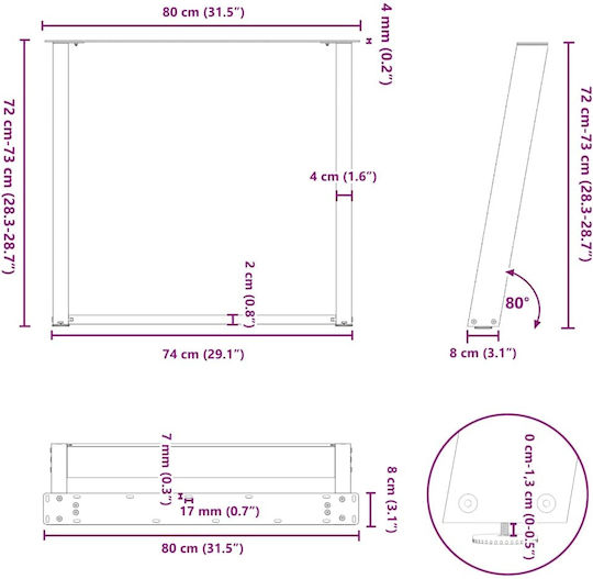 Vidaxl Tischbeine U-Form 2 Stk. Schwarz 80 x 72-73 cm Stahl Schwarz
