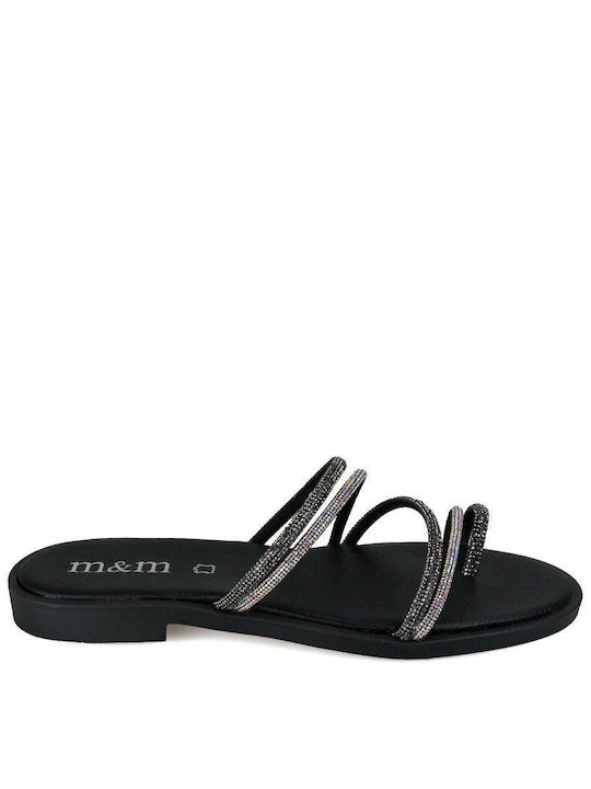 Black Leather Handmade Flat Sandal with Strass Black