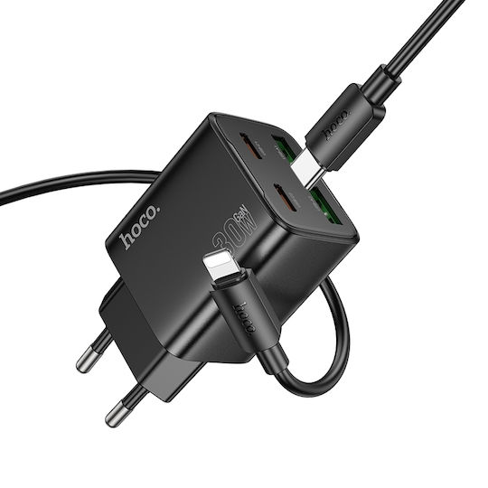 Hoco Charger with 2 USB-A Ports and 2 USB-C Ports and Cable USB-C - Lightning 30W Power Delivery / Quick Charge 3.0 Blacks (N56 Fundador)