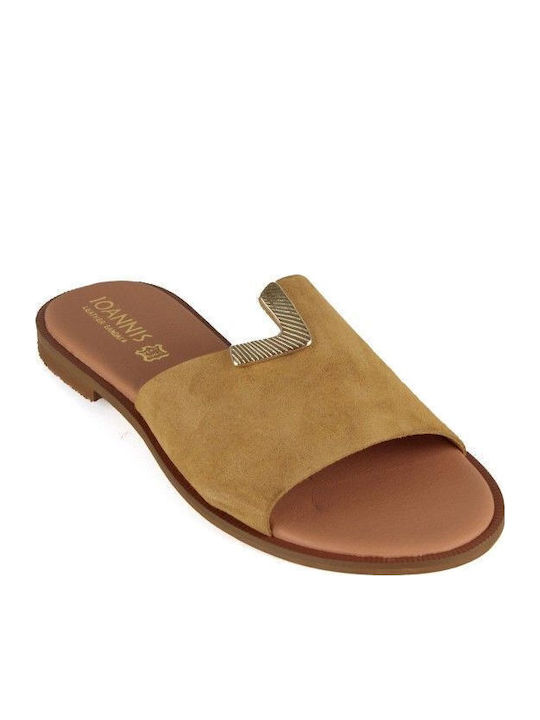 Leather Women's Flat Sandals in Beige Color