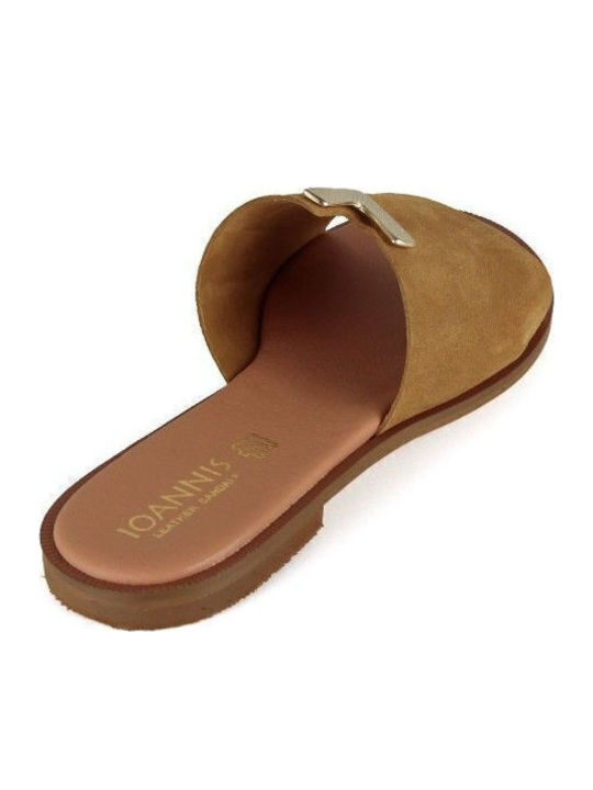 Leather Women's Flat Sandals in Beige Color