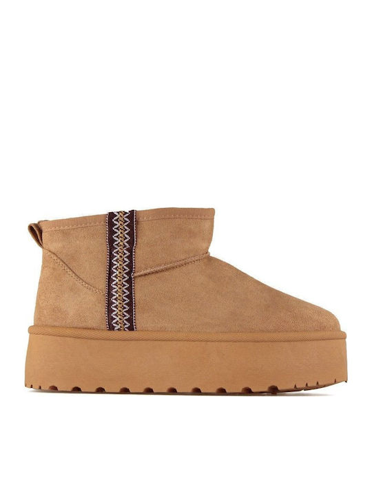 Suede Women's Ankle Boots with Fur Brown