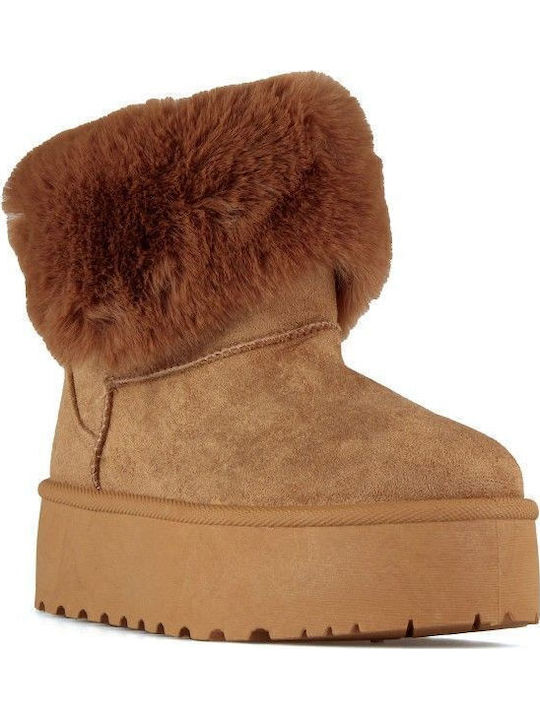 Suede Women's Ankle Boots with Fur Brown