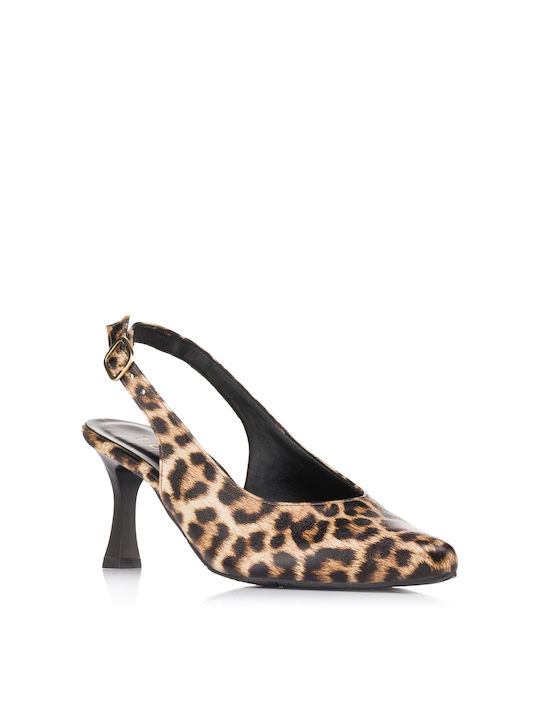 Tomas Shoes Leather Pointed Toe Brown Heels with Strap Animal Print