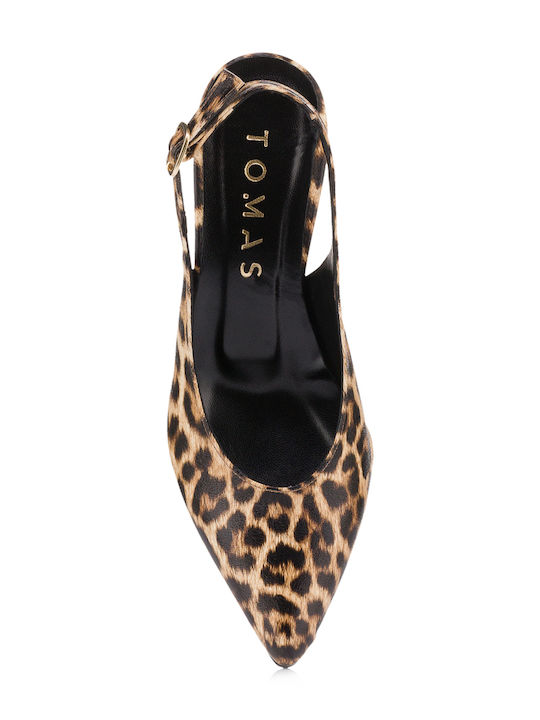 Leather Pointed Toe Brown Heels with Strap Animal Print