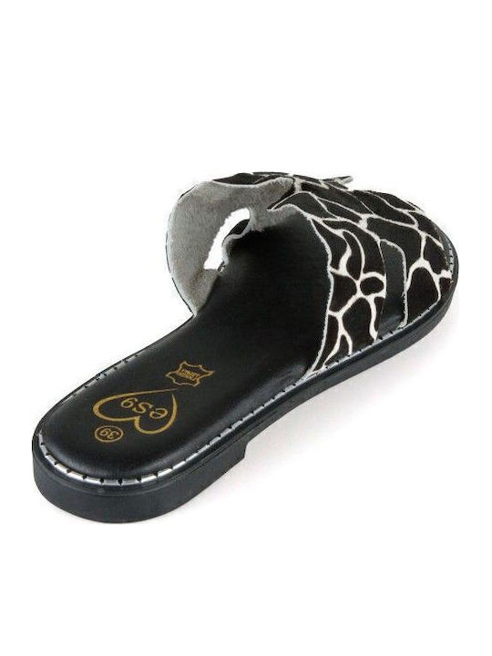 Μαύρο Δερμάτινο Χειροποίητο Σανδάλι Animal Print