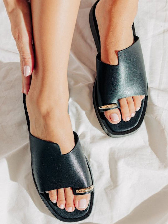 Negru Flatform De Piele Handmade Sandală Decorativă