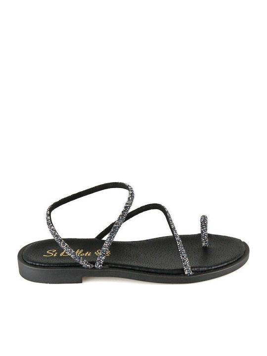 Μαύρο Δερμάτινο Χειροποίητο Flat Σανδάλι Glitter