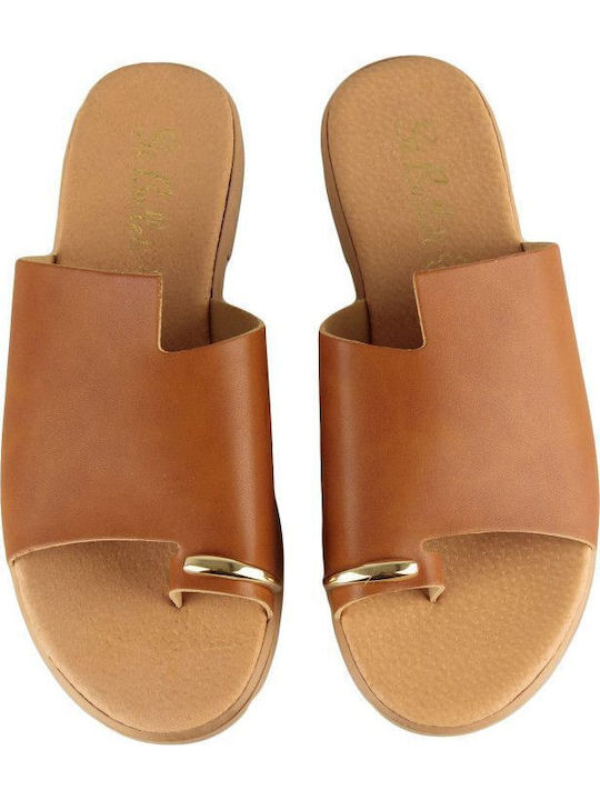 Camel Leather Flat Sandal Decorative