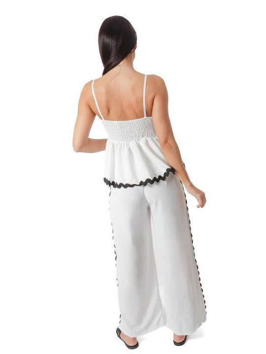 Λευκό Σετ Παντελόνα Crop Top