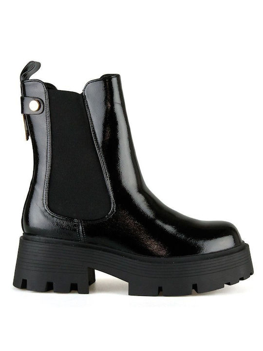 Black Patent Biker Ankle Boot with Elastic