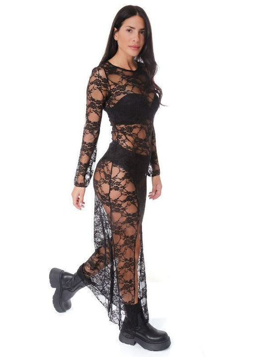 Sommer Maxi Abendkleid mit Spitze & Transparenz Schwarz