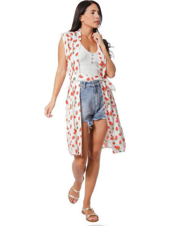 Weißes Midi-Kleid mit Kimono-Prints