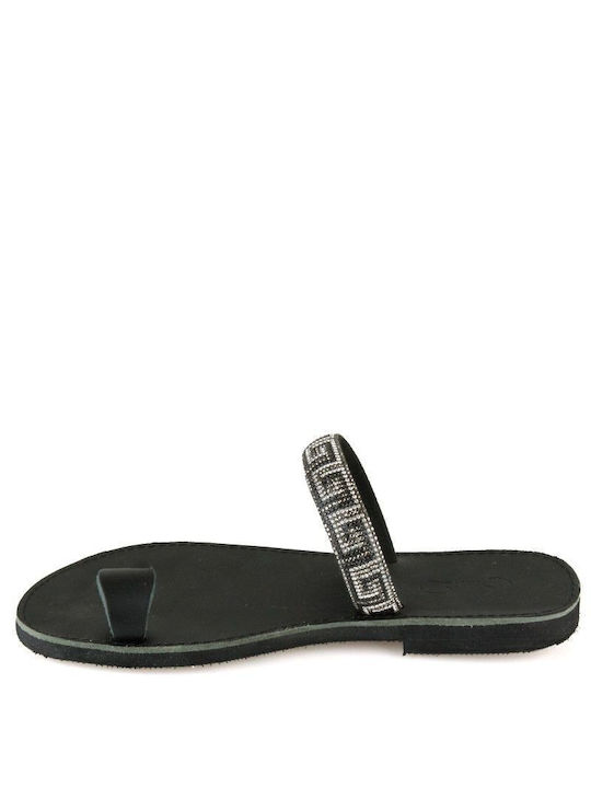 Black Leather Handmade Flat Sandal with Strass