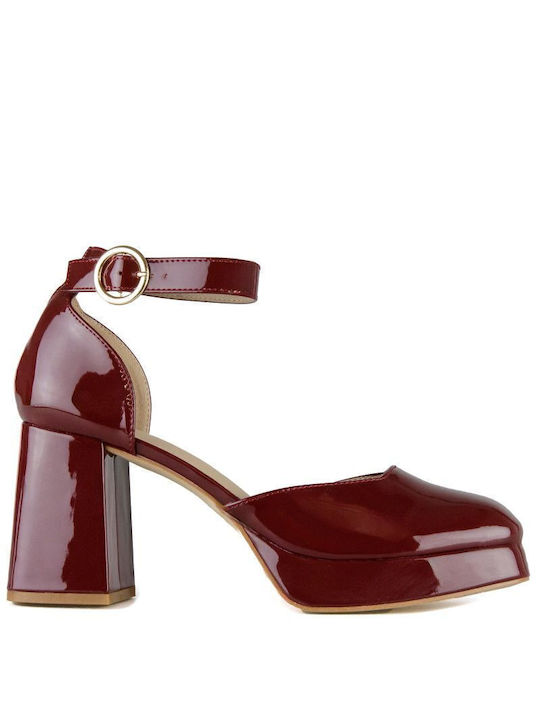 Burgundy Patent Leather Block Heel with Strap