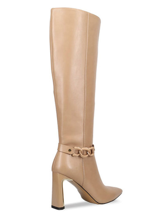 Synthetic Leather High Heel Women's Boots with Zipper Beige
