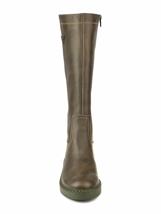 Leather Women's Boots with Rubber / Zipper Green