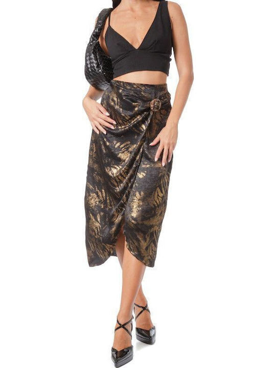 Schwarzer Midi-Wickelrock mit Animal-Print