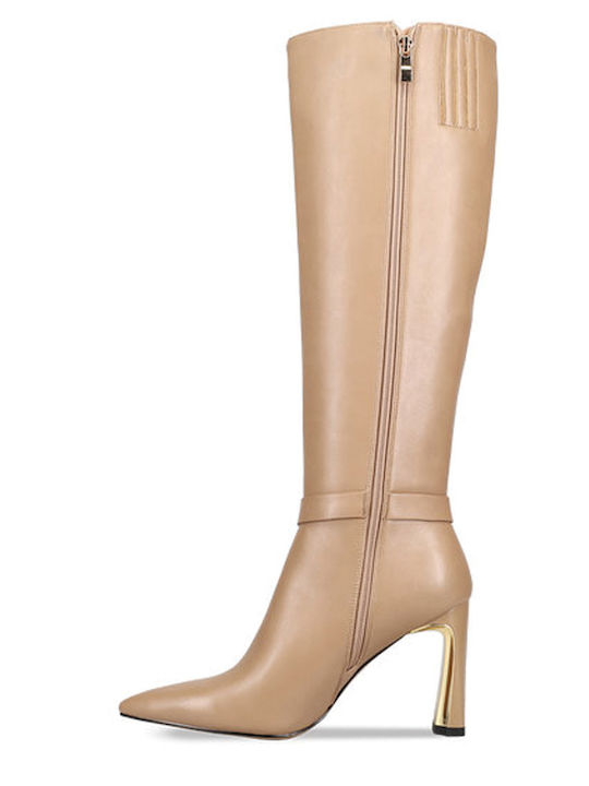 Synthetic Leather High Heel Women's Boots with Zipper Beige