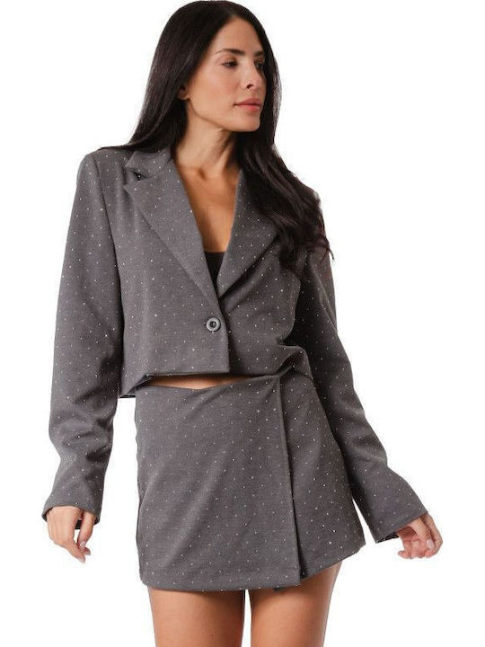 Grey Set Skorts Cropped Blazer Strass