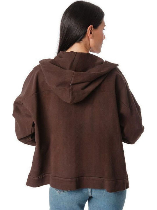 Women's Short Jean Jacket for Spring or Autumn with Hood Brown