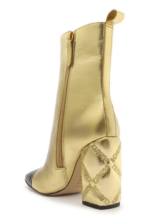 Leather Women's Ankle Boots with High Heel Gold