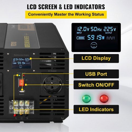 Vevor Inverter Αυτοκινήτου Τροποποιημένου Ημιτόνου 6000W για Μετατροπή 12V DC σε 230V AC