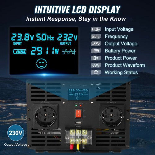 Vevor Inverter Αυτοκινήτου Καθαρού Ημιτόνου 3000W για Μετατροπή 12V DC σε 230V AC