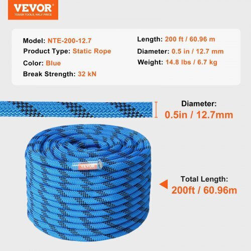 Vevor DSJLSLSXWS20TCLGSV0 Static Climbing Rope with Length 60.9m Blue