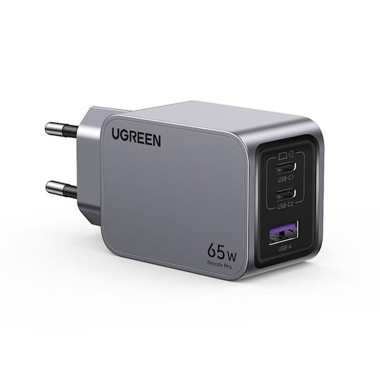 Ugreen Încărcător GaN cu Port USB-A și 2 Porturi USB-C și Cablu USB-C 65W Livrarea energiei / Quick Charge 4.0 Gri (Nexode Pro)