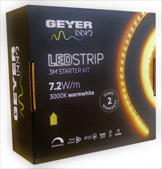 Geyer Ταινία LED 12V Θερμό Λευκό Φως 3m Τύπου SMD2835 με Τροφοδοτικό