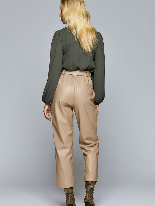 Women's High-waisted Fabric Trousers with Elastic Beige