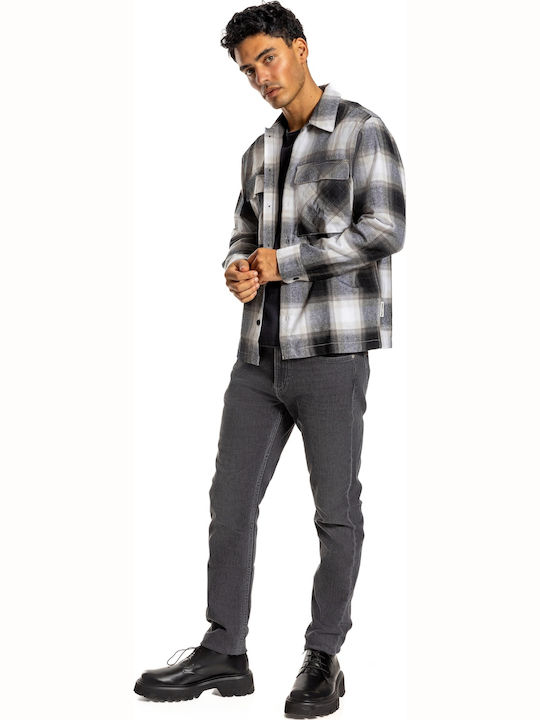 Long Sleeve Cotton Shirt Narrow Fit Checked White