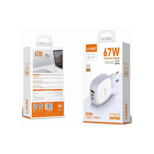 Ldnio Зарядно без кабел с USB-A порт и 2 USB-C порта 67W Бял (Q3611)