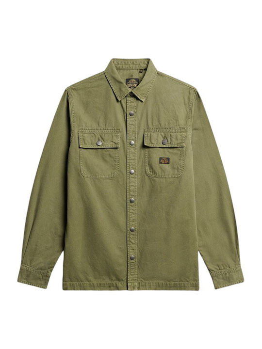 D3 Ovin Μακρυμάνικo Λινό Overshirt σε Στενή Γραμμή Πράσινο