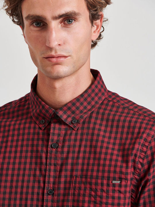 Long Sleeve Cotton Shirt In Regular Fit Checked Burgundy