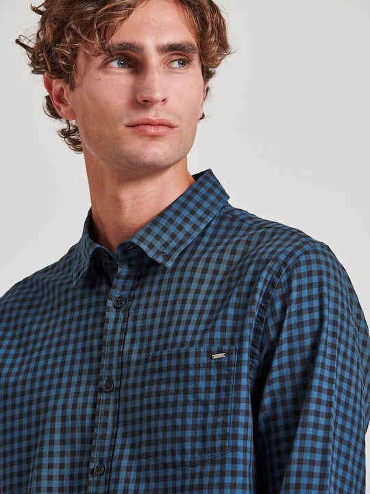 Long-sleeved Cotton Shirt Checked Blue