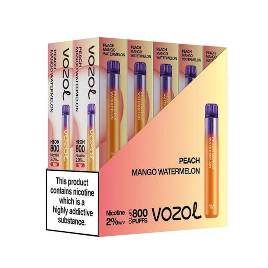 Vozol Neon 800 Țigară Electronică De Unică Folosință 800 Inhalări Gust Piersică Mango Pepene Verde 2ml 20mg Portocalie
