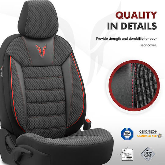 Otom Toro Design Universal Car Seat Covers Cotton Fabric Leatherette Front and Rear Set 11 Pieces Black Red Tro-901