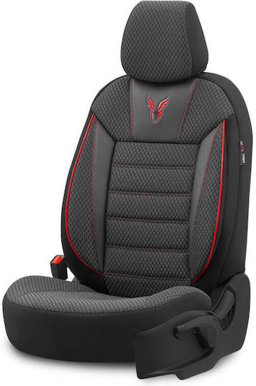 Otom Toro Design Universal Car Seat Covers Cotton Fabric Leatherette Front and Rear Set 11 Pieces Black Red Tro-901