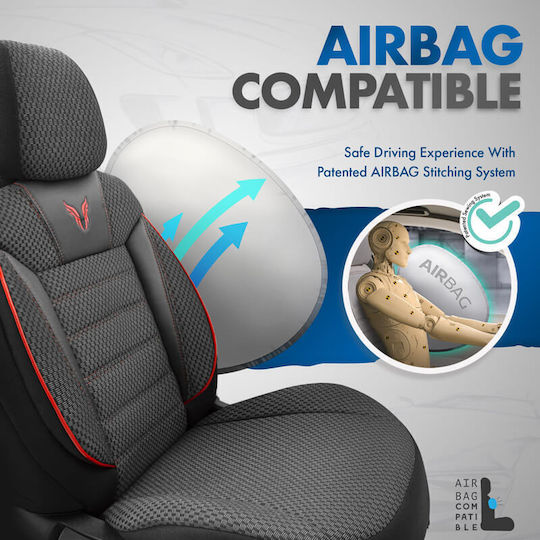 Otom Toro Design Universal Car Seat Covers Cotton Fabric Leatherette Front and Rear Set 11 Pieces Black Red Tro-901